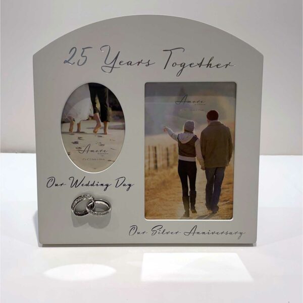 Amore Arched Double Photo Frame - 25 year together, Silver Anniversary