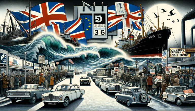 computer genetaged image illustrates the major events that took place in the United Kingdom during the year 1973. A symbolic representations of the significant occurrences of that year, including the UK's entry into the European Economic Community, the Cod War with Iceland, the impact of the Oil Crisis, the establishment of the 5-day work week, and the numerous industrial strikes.