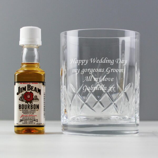 Personalised Cut Crystal Glass & Bourbon Whiskey Miniature Set