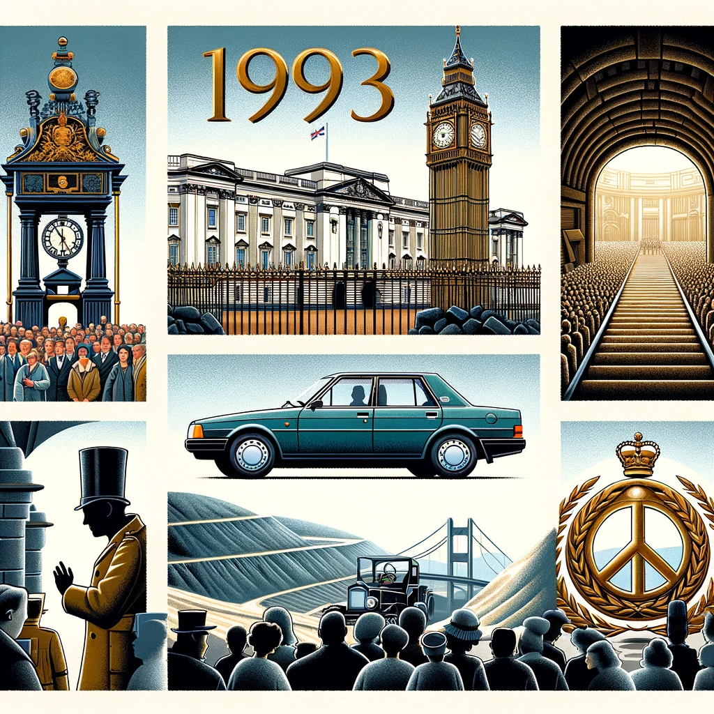 Computer generated representing various iconic elements of the year 1993 in the UK. This includes the exterior of Buckingham Palace with a crowd of visitors, symbolising its opening to the public; a vintage coal mine entrance, representing the historic coal mining industry; a stylised depiction of the Ford Mondeo car, indicating automotive advancements of the era; and a symbolic representation of a peace award, illustrating global peace efforts.