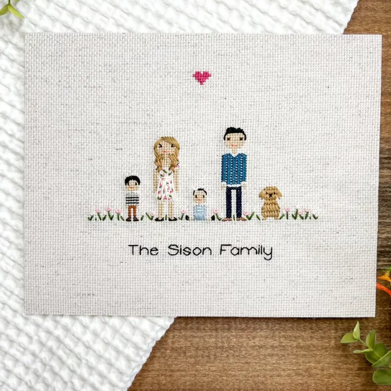 You're sew cute! Anniversary Cross Stitch Portrait ready to frame at home.