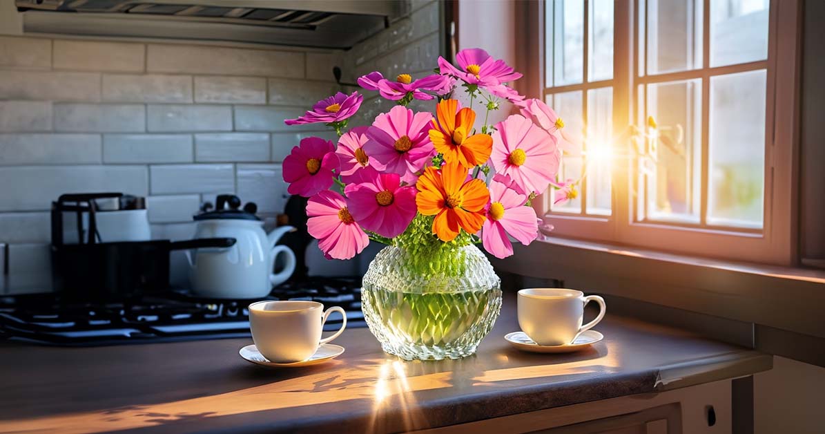 A crystal vase filled with pink and orange cosmos flowers sits on a window sill. Beams of morning sunlight shine through the blooms, making them glow. In the background, a cozy cottage kitchen comes into view with a teapot on the stove and two mugs waiting to be filled. The radiant cosmos flowers symbolize harmony and affection between loving partners. The vase represents a marriage container that withstands storms. The sunlit blooms evoke joy and optimism nurtured daily. The cottage kitchen conveys the comforts of home and routine. Together, the vivid flowers, vase and kitchen scene depict an abiding bond thriving after two years.