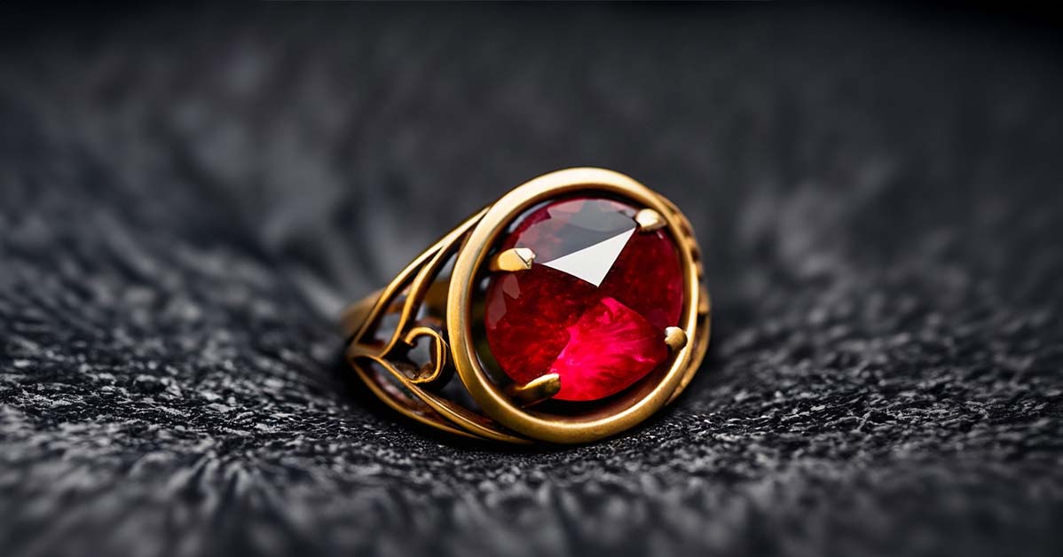 18th Year Gemstone Anniversary Symbol Against a black velvet background, an orange-red garnet stone rests atop an antique gold ring band engraved with the infinity symbol. The brilliant garnet represents the fiery, passionate love between partners after two years of marriage. Its regal glow speaks to a union tested by life's pressures to reveal an even deeper devotion beneath. The infinity engraved ring signifies commitments strengthened to last forever. Together, the garnet jewel and ring symbolize passion crystallized into enduring love.