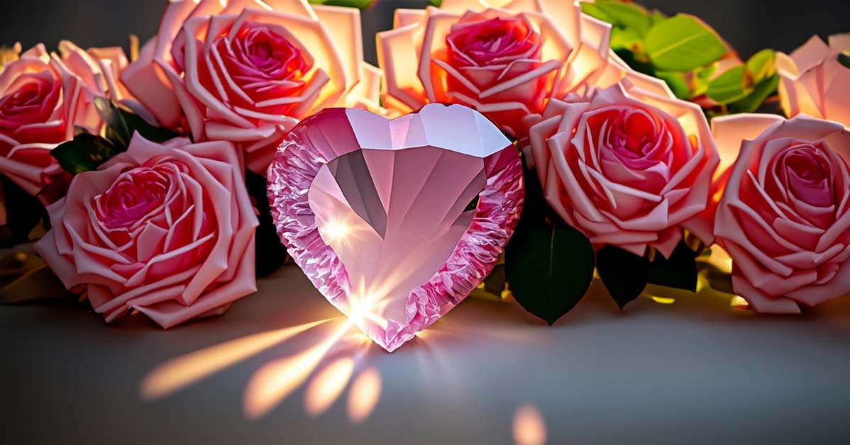 A pair of hands hold up a translucent pink rose quartz carved into a heart shape. Beams of sunlight stream through the polished gem, making it glow. In the background, a vase overflows with pink roses signifying blossoming love. The intricate rose quartz heart symbolizes a marriage that has been patiently buffed and shaped by early trials into an even more devoted bond. Though delicate, this union is fortified by gentle affection. The rays of light represent hope and joy illuminating the path ahead. Together, the crystal and flowers capture the essence of rose quartz: love in full bloom.