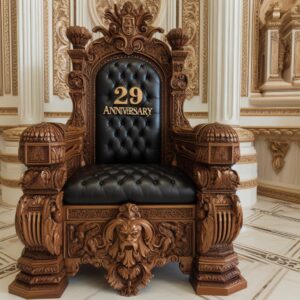 A highly ornate wooden chair, like a throne, with the phrase 29th anniversary carved into the back rest. image is computer generated.