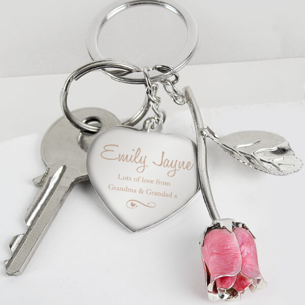 Silver Plated Swirls & Hearts Pink Rose Personalised Keyring