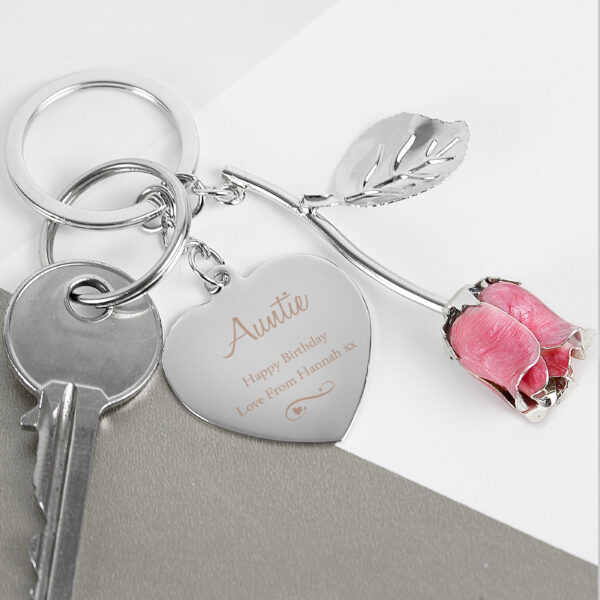 Silver Plated Swirls & Hearts Pink Rose Personalised Keyring