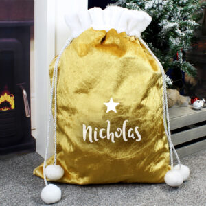 Personalised Name Only Gold Luxury Pom Pom Santa Sack