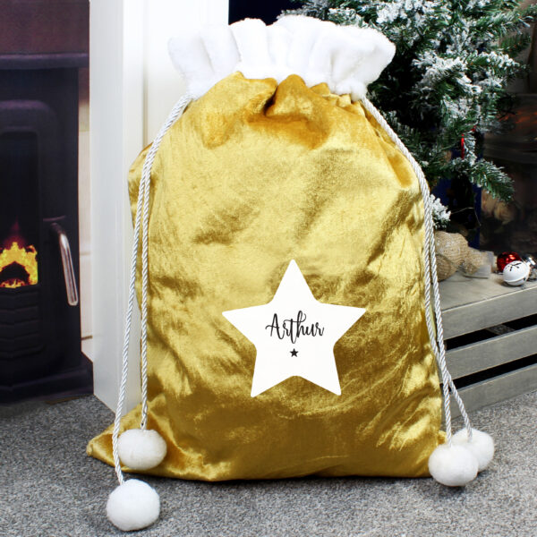 Personalised Star Luxury Pom Pom Gold Santa Sack