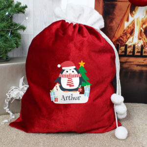 Christmas Penguin Luxury Pom-Pom Personalised Red Sack