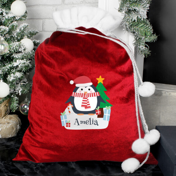 Christmas Penguin Luxury Pom-Pom Personalised Red Sack