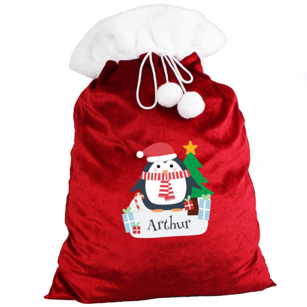 Christmas Penguin Luxury Pom-Pom Personalised Red Sack