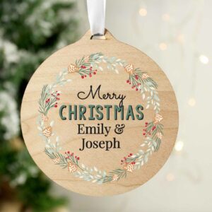 Wooden Wreath Design Personalised Tree Decoration