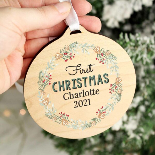 Wooden Wreath Design Personalised Tree Decoration