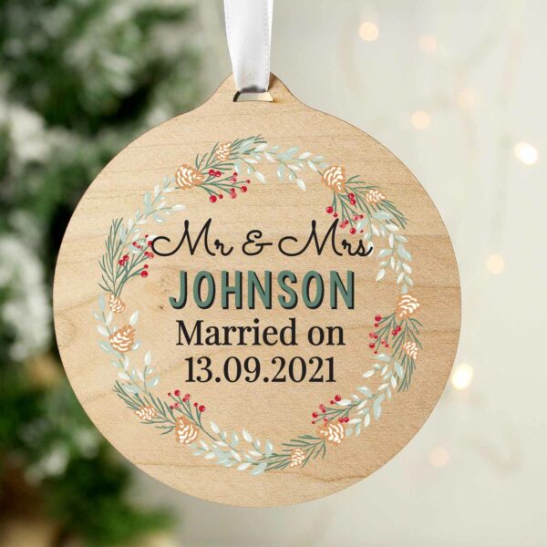 Wooden Wreath Design Personalised Tree Decoration