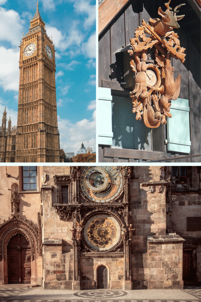 Timepiece themed travel; Big Ben in London, the Cuckoo Clock Route in Germany, or Prague Astronomical Clock.