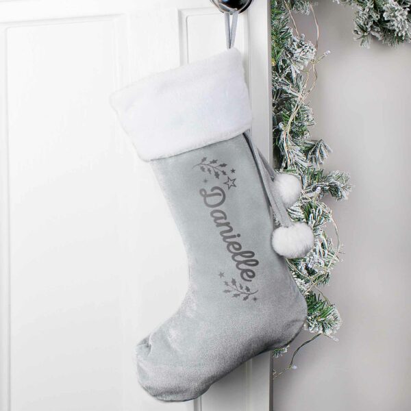 Personalised Santa Christmas Stocking Holly Grey