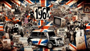 A collage representing what happened in 1964 in the UK, computer generated.