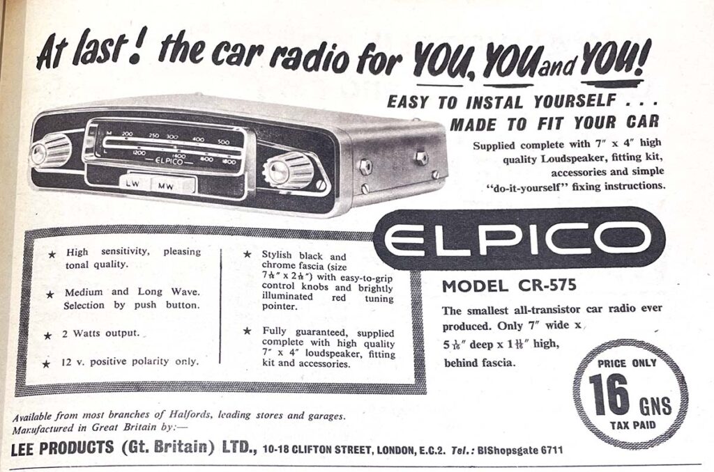 An all-transistor car radio ad in Car Mechanics Magazine from the UK in 1964