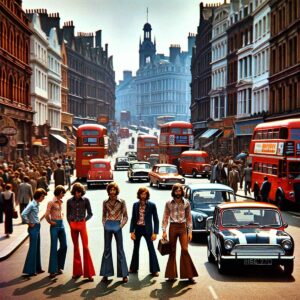 street scene in London featuring what happened in 1974 UK fashion. Featuring typical fashion people wearing flared trousers and patterned shirts