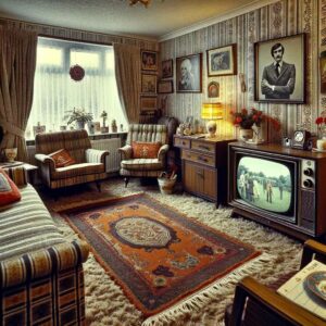 illustrates a typical British living room, showcasing the popular TV shows and interior décor trends of the time. Computer generated.