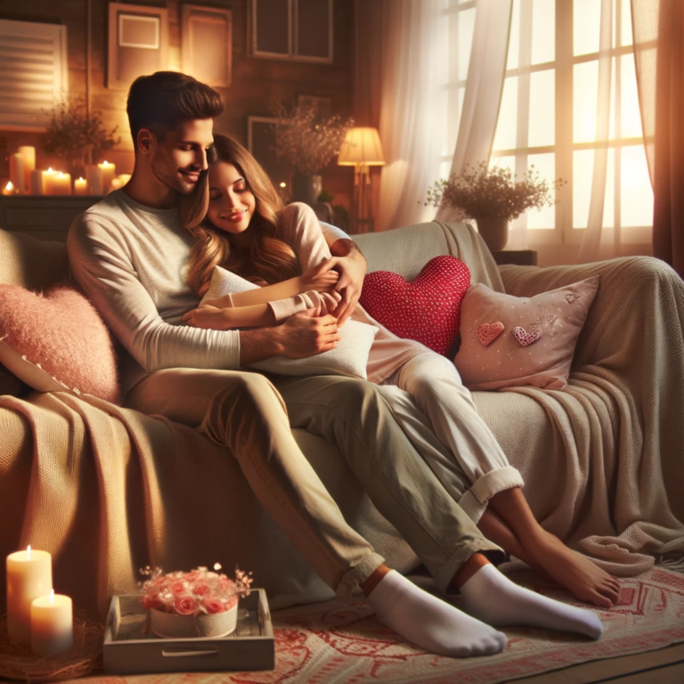 Valentines Greetings - A romantic scene of a male and female couple cuddling and celebrating Valentine's Day. They are comfortably sitting on a cozy sofa, surrounded by a warm and inviting atmosphere. The room is softly lit, creating a serene and affectionate ambiance. They are holding each other in a gentle and loving embrace, symbolizing closeness and intimacy. The setting includes subtle Valentine's Day decorations like heart-shaped pillows and soft, warm blankets, adding to the romantic feel of the scene. The couple appears happy and content, embodying the spirit of love and togetherness on this special day. Computer Generated