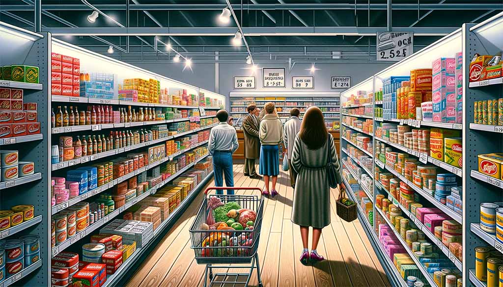 A detailed digital painting depicting a typical British grocery store in 1984, showing shelves stocked with products and prices clearly visible. Computer Generated