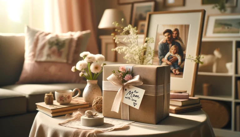 Personalised Mother's Day Gifts & Ideas, a softly lit scene at a cozy home setting. The focus is on a beautifully wrapped gift box, adorned with a unique, personalized touch that hints at the thoughtfulness of the gift inside. Perhaps the box has a visible, hand-written tag that reads "For Mom, With Love." In the background, there's a hint of a family photo that captures a tender moment, further emphasizing the personal connection. The composition includes subtle floral accents, perhaps a vase of fresh spring flowers, to tie in with the Mother's Day theme. The overall palette is warm and inviting, with soft pastels and natural tones that evoke a sense of comfort and care. Computer Generated