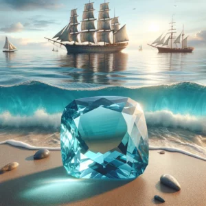 March's Birthstone: Aquamarine. The image captures the serene maritime environment honouring the historical connection to seafarers' protection, featuring a large, flawless Aquamarine gemstone as the central focus. It embodies the soothing essence of Aquamarine and highlights its significance and beauty, inviting appreciation for both its aesthetic and historical value. Computer Generated.