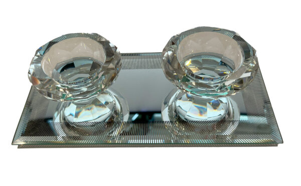 Glass Tea Light Holders on a mirrored glass tray