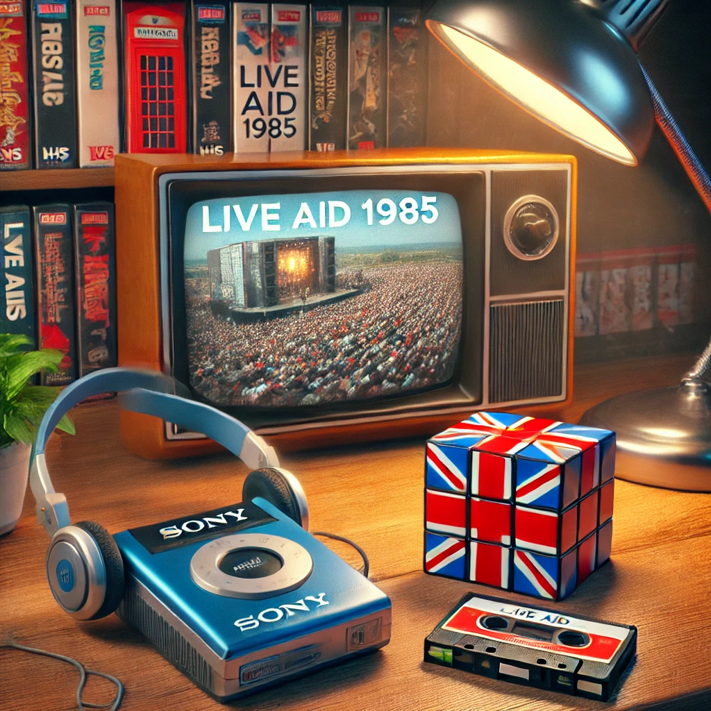 image featuring the iconic blue Sony Walkman TPS-L2 with headphones, along with a retro TV displaying 'Live Aid 1985,' a solved Rubik's Cube, and additional 1985 elements all representing what happened in 1985 in the UK