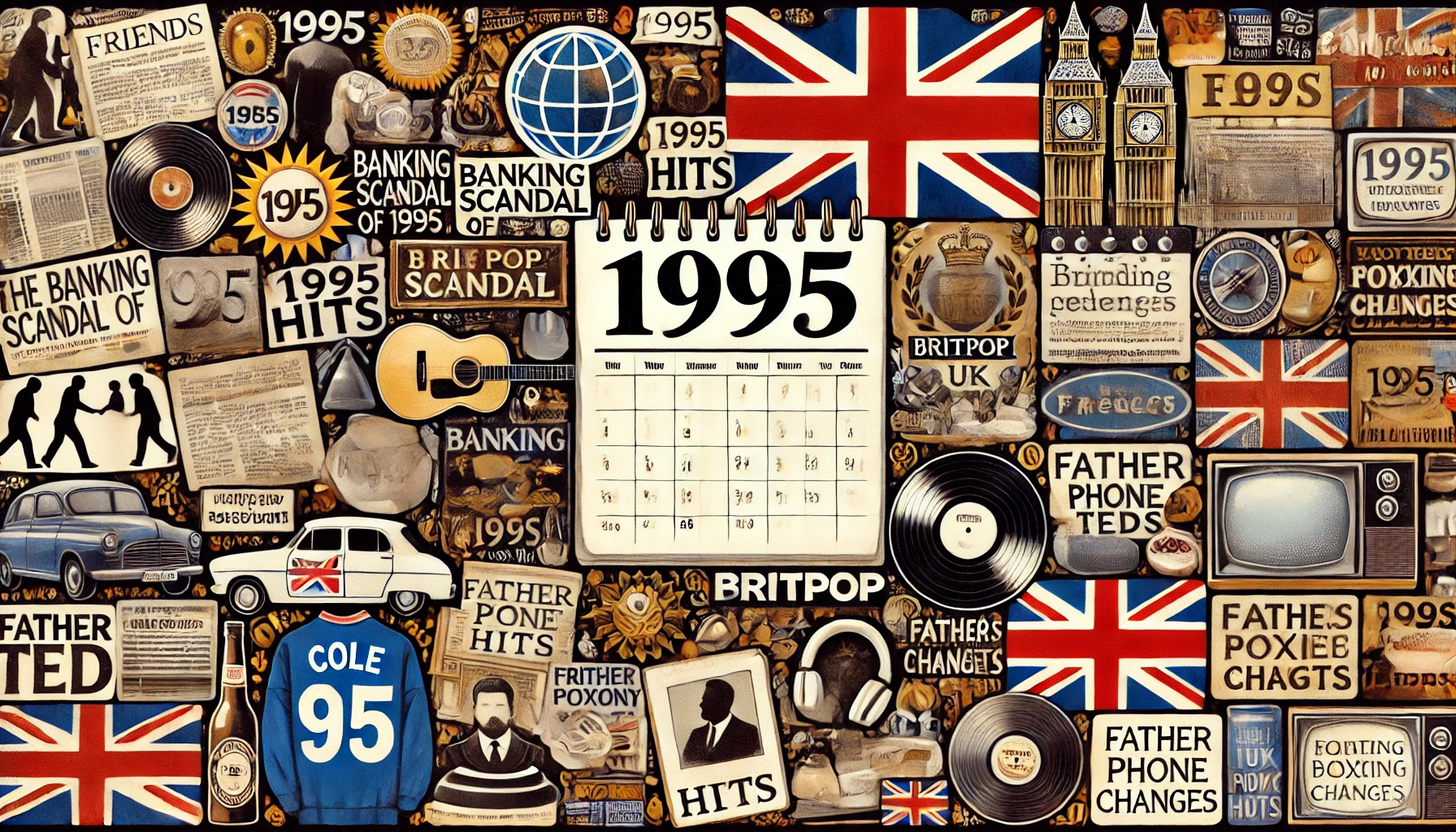 Central Focal Point A stylised calendar page marked “1995” in bold, highlighted at the centre. Major News & Cultural References A generic newspaper clipping with a headline referencing "Banking Scandal of 1995." A silhouette or generic interview microphone to hint at major TV interviews of the era. A discreet reference to legal or criminal events, such as a simple gavel or scales of justice icon. Music & Entertainment A CD jewel case featuring a nod to the Oasis album or labelled “1995 Hits.” Britpop-inspired Union Jack patterns behind guitars and records. A small TV screen icon referencing popular shows like "Friends" or "Father Ted." Sports Highlights A silhouette of a footballer in action, symbolising iconic moments like Eric Cantona's leap. A generic football jersey with “Cole” and a number. A boxing glove or belt referencing major boxing achievements of the year. Technology & Global Events A vintage computer screen with the Windows 95 logo. A rotary phone or simple telephone dial symbolising the UK’s phone system changes. A globe connected to a computer for the emergence of the internet. Fashion & Everyday Life Clothing rack featuring mid-90s staples like flannel shirts, slip dresses, and chunky boots. Price tags or receipts reflecting 1995 costs (e.g., loaf of bread, petrol). Finishing Touches A subtle Union Jack motif in the background, gently faded. Worn scrapbook-style textures, including faint coffee stains or tape marks, enhancing nostalgia. Computer generated.