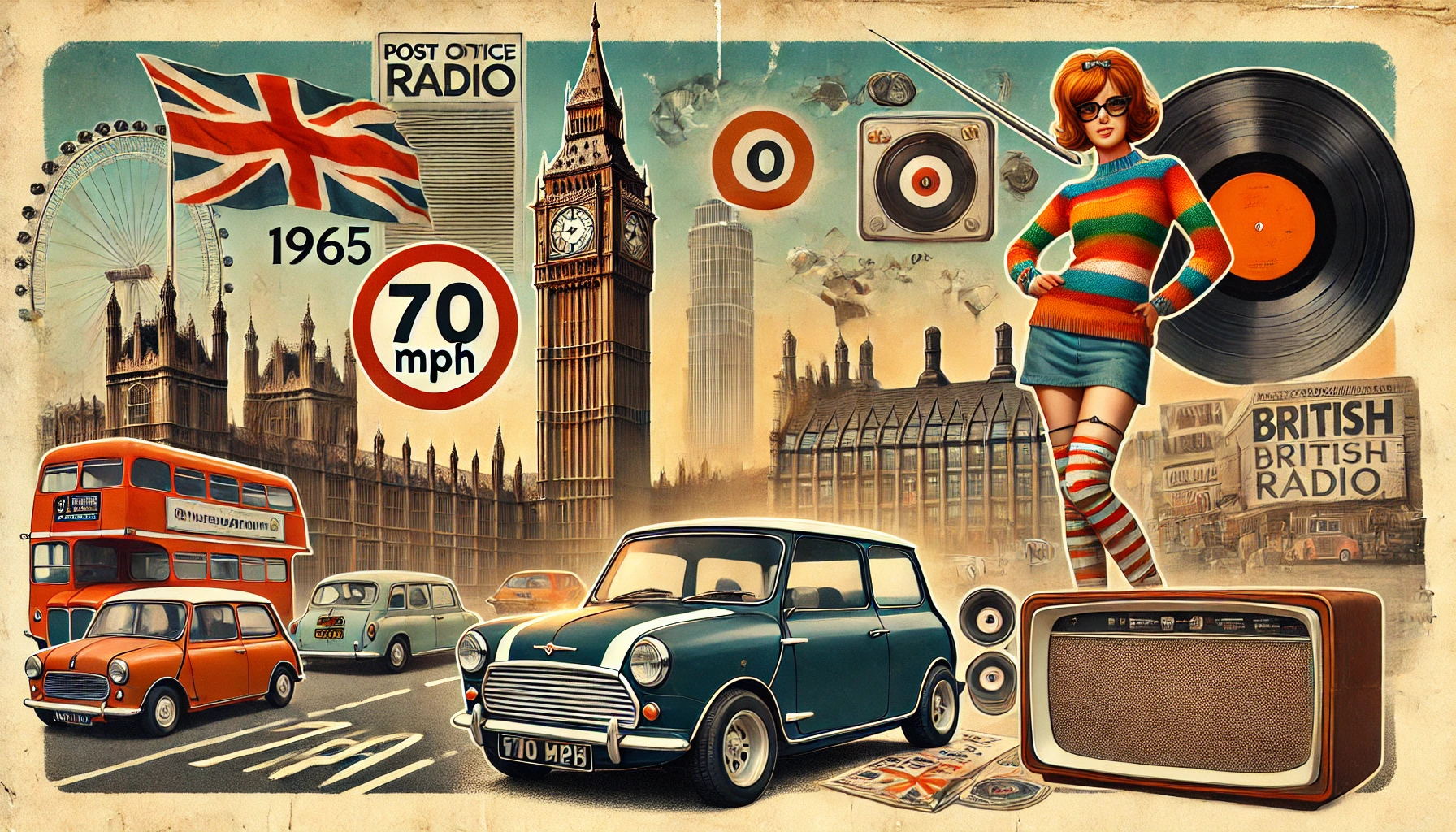 vintage-style collage representing what happened in 1965 in the UK. Computer Generated