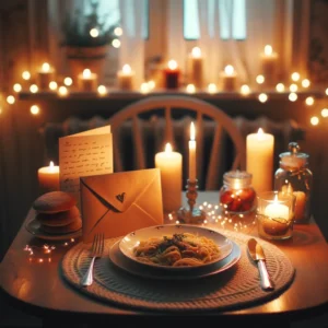 Affordable Anniversary Gifts That Don't Skimp on Love. a cozy, softly lit setting with an elegantly set table for two, showcasing a simple homemade meal and a heartfelt letter, surrounded by the warm glow of candlelight and fairy lights. This visual embodies the idea that meaningful celebrations of love can be both intimate and budget-friendly, emphasizing that genuine affection and thoughtfulness are what truly matter. Computer Generated