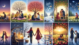 Keeping Some Fun in Your Marriage - 52 Date Night Ideas. It showcases a couple enjoying a variety of date night activities across different seasons and budgets, from a spring picnic under a blossoming tree, a cozy winter moment with hot beverages and fireworks, a romantic summer dinner on the beach at sunset, to an autumn adventure of apple picking in a lush orchard. This image is designed to inspire and remind viewers of the joy, love, and adventure that can be found in marriage throughout the year, regardless of budget. Computer Generated