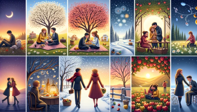 Keeping Some Fun in Your Marriage - 52 Date Night Ideas. It showcases a couple enjoying a variety of date night activities across different seasons and budgets, from a spring picnic under a blossoming tree, a cozy winter moment with hot beverages and fireworks, a romantic summer dinner on the beach at sunset, to an autumn adventure of apple picking in a lush orchard. This image is designed to inspire and remind viewers of the joy, love, and adventure that can be found in marriage throughout the year, regardless of budget. Computer Generated