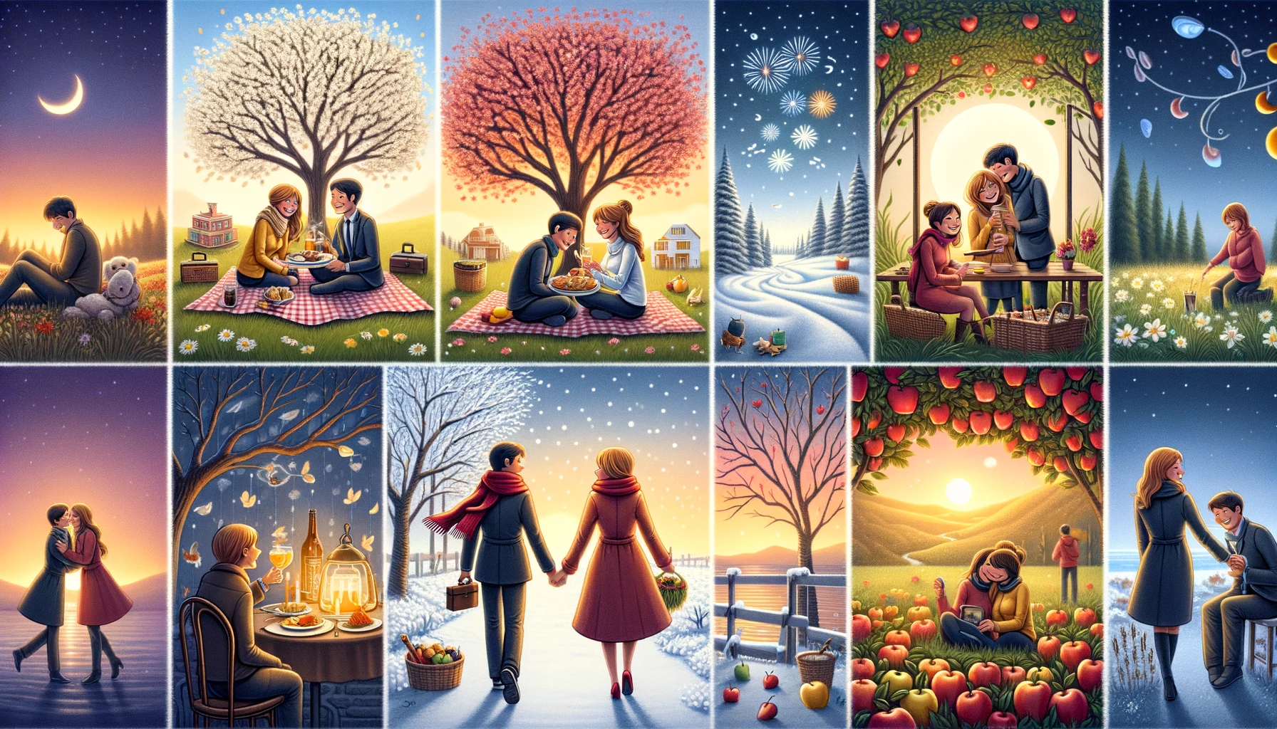 Keeping Some Fun in Your Marriage - 52 Date Night Ideas. It showcases a couple enjoying a variety of date night activities across different seasons and budgets, from a spring picnic under a blossoming tree, a cozy winter moment with hot beverages and fireworks, a romantic summer dinner on the beach at sunset, to an autumn adventure of apple picking in a lush orchard. This image is designed to inspire and remind viewers of the joy, love, and adventure that can be found in marriage throughout the year, regardless of budget. Computer Generated