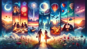 Bucket List date night ideas. A vibrant and dynamic illustration that captures the spirit of adventure and romance under a starlit sky. In the center, a couple stands hand in hand, gazing into each other's eyes, encapsulated in a silhouette against a backdrop of various date night scenes. Around them, a montage of epic date ideas unfolds: hot air ballooning with a breathtaking view of the sunset, a romantic candlelit dinner atop a high city building overlooking the skyline, stargazing with a cozy blanket in a secluded field, dancing under the stars on a beach, and a couple laughing together on a nighttime amusement park ride, with fireworks exploding in the sky above. The entire scene is framed by a soft, dreamy border that suggests these moments are both magical and within reach, encouraging viewers to dream big and add these experiences to their own relationship bucket list. Computer Generated