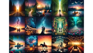 Outdoor adventure date night ideas, a captivating montage that blends various romantic and adventurous date night scenarios into one harmonious scene. With a silhouette of a couple at its heart, surrounded by vignettes of activities like hiking, stargazing, attending local events, biking by moonlight, kayaking, enjoying a beachside bonfire, horseback riding at sunset, wandering through an enchanted garden, embarking on an ATV adventure, and watching an outdoor movie, this image invites viewers into a world where love and adventure intertwine under the open sky. Computer Generated.